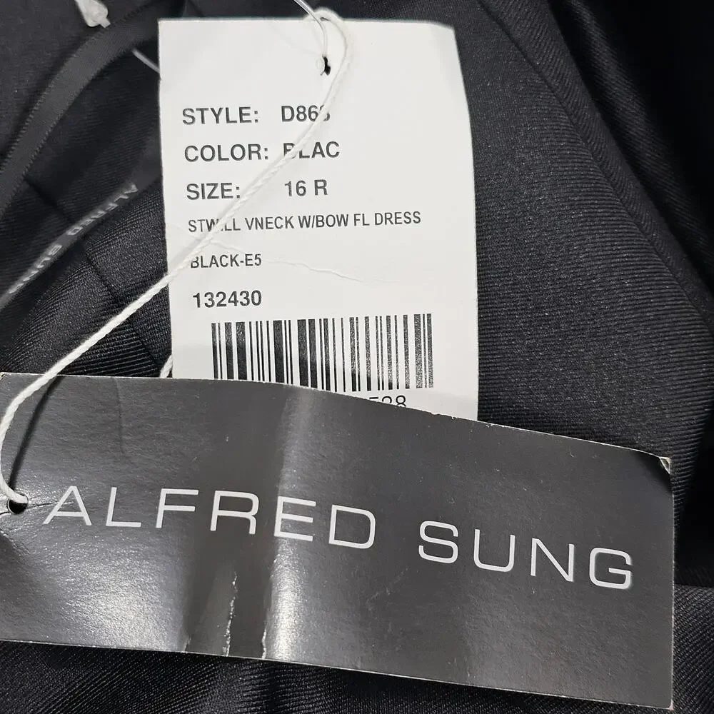 Alfred Sung Black Satin Shoulder Bow Trumpet Formal Dress Women's Size 16R NWT - Picture 12 of 16